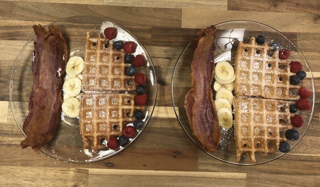 recent breakfast dishes waffles with bacon and fruit