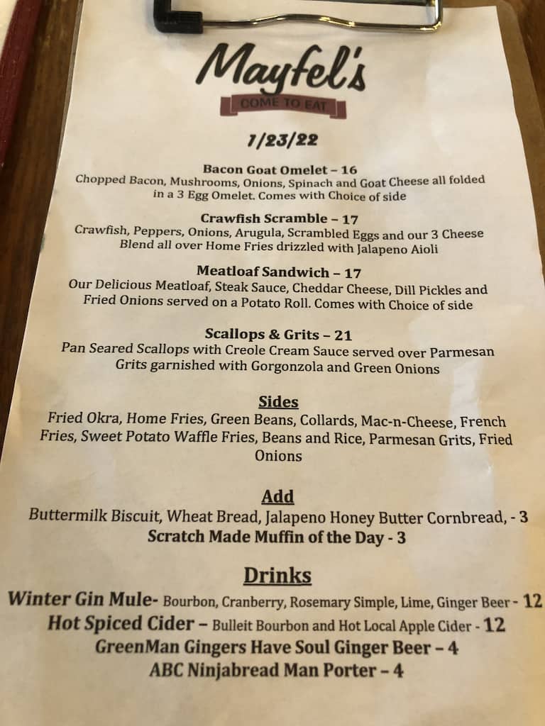 time to take a drive - image of Mayfel's specials menu for January 23rd
