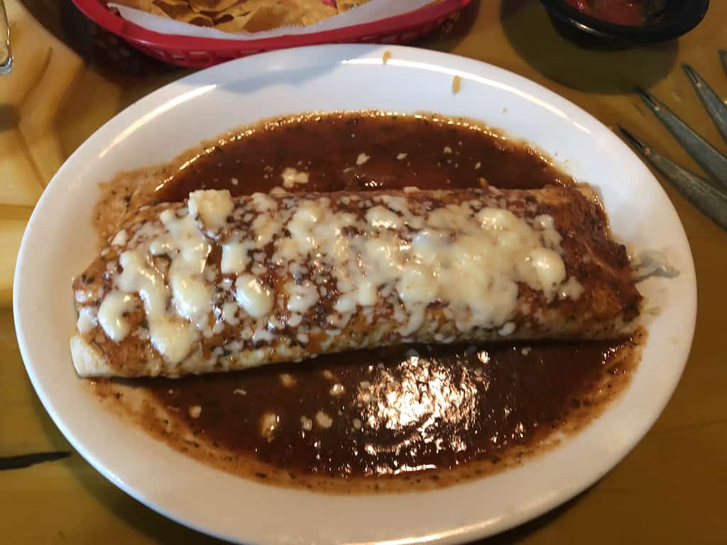Pelancho's beef burrito with red sauce